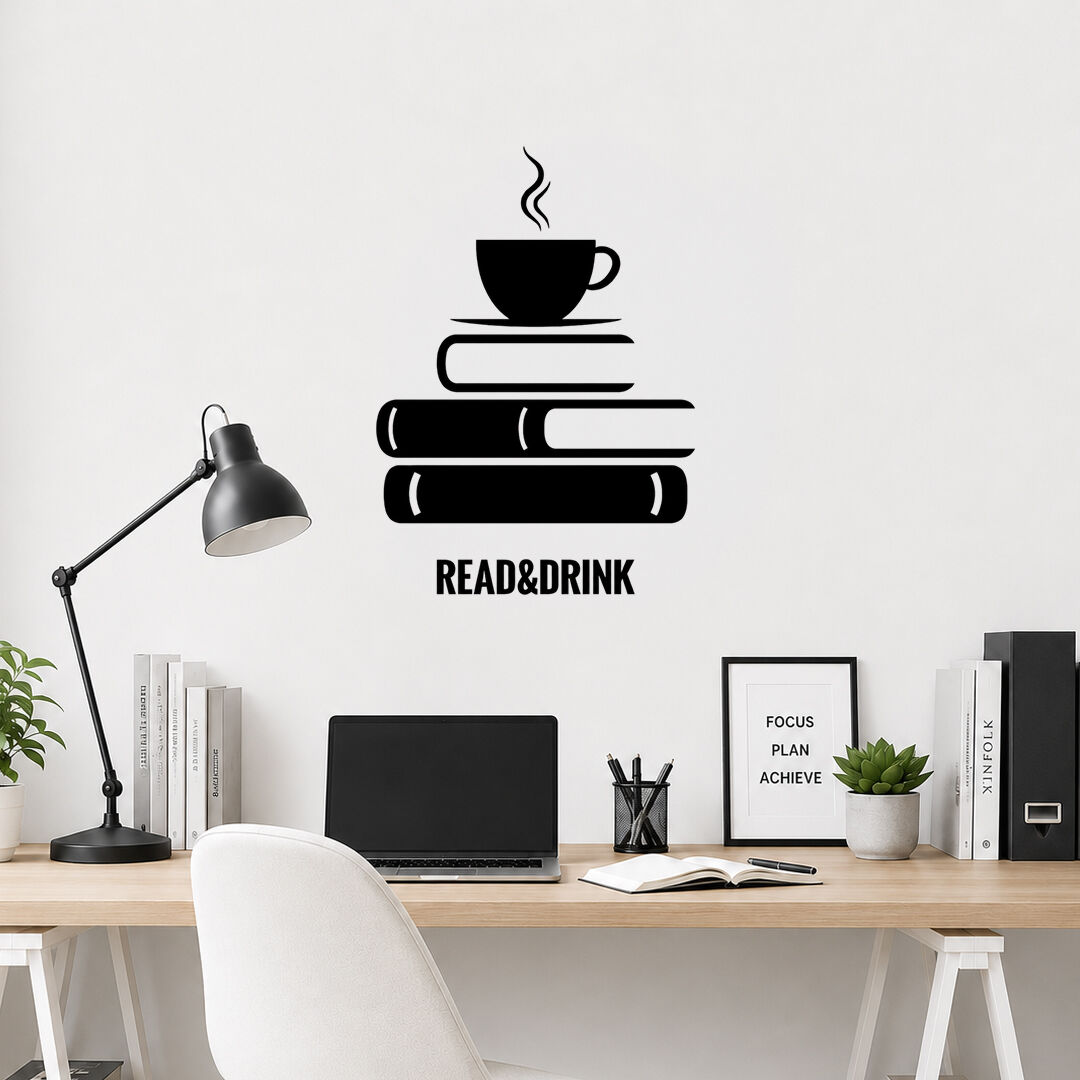 Kitaplar ve Kahve Read And Drink Dekoratif Duvar Sticker