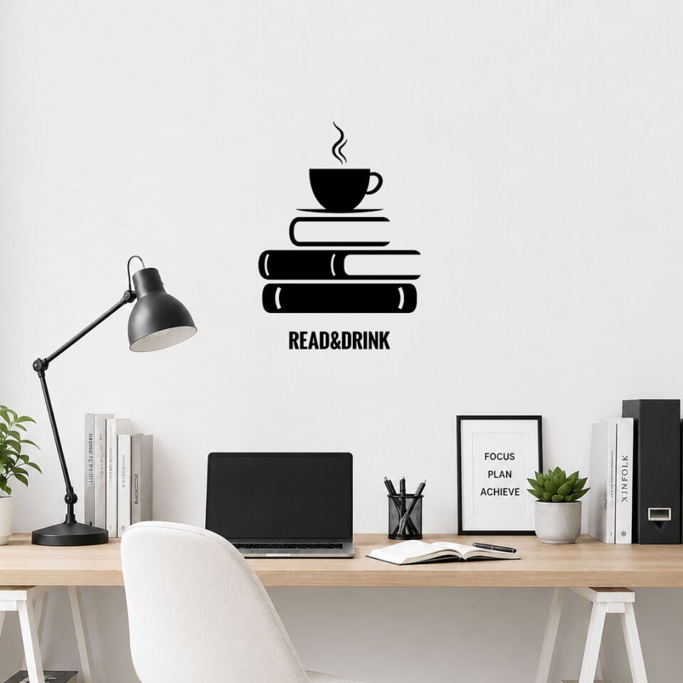 Kitaplar ve Kahve Read And Drink Dekoratif Duvar Sticker 60 cm