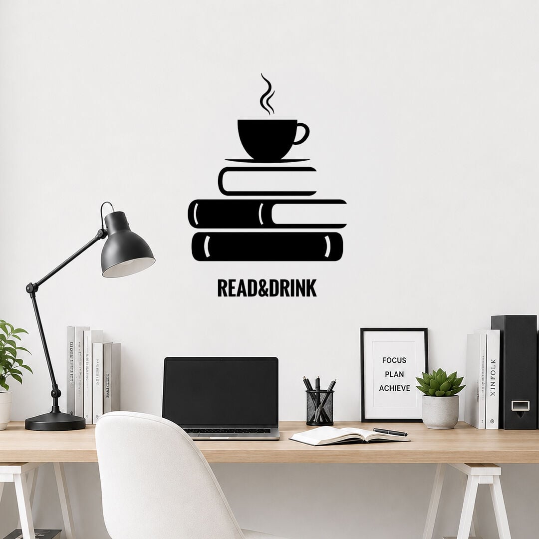 Kitaplar ve Kahve Read And Drink Dekoratif Duvar Sticker 120 cm